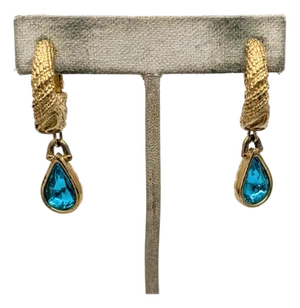 Vintage 1990s Signed Trifari Goldtone Ram's Head Faux-Aquamarine Drop Clip Earrings-2 Pieces