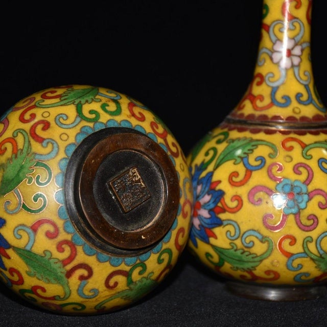 Vintage Pair of Cloisonne Enamel Vases - Yellow Floral Motif - 22.5cm For Sale - Image 9 of 9