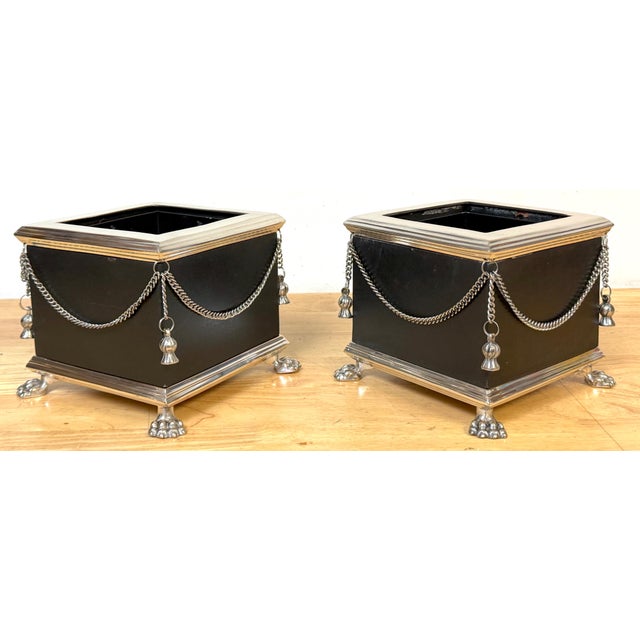 Pair Russian-Style Neoclassical Silverplated Bronze & Leather Paw Feet Cachepots For Sale In West Palm - Image 6 of 12