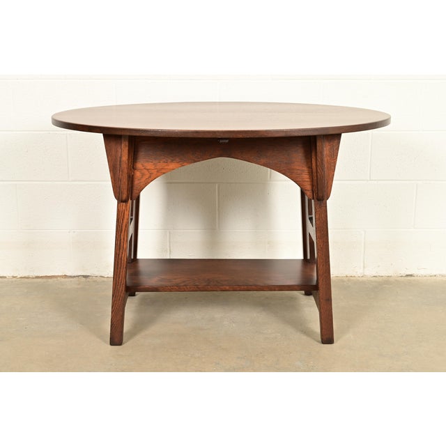 Charles Limbert Limbert Antique Mission Oak Arts & Crafts Oval Cutout Center Table or Library Table, Newly Refinished For Sale - Image 4 of 11