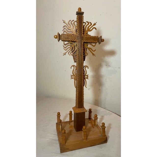 Vintage Hand Carved Wood Tramp Art Style Religious Altar Crucifix Altar Cross For Sale - Image 14 of 17