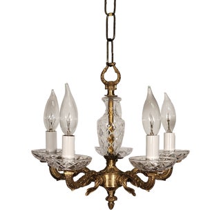 Vintage Petite French 5 Light Brass Waterford Style Lead Crystal Chandelier For Sale