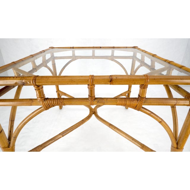Brown Glass Top 34" Square Mid Century Modern Burnt Bamboo Game Dinette Table MINT For Sale - Image 8 of 17
