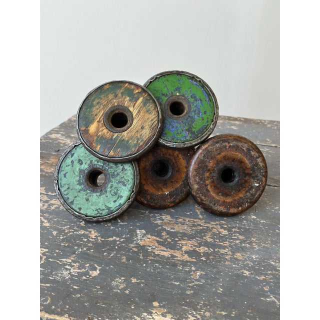 Vintage Folk Art Repurposed Textile Spool Candleholders, Set of Five, Circa 1950s For Sale - Image 10 of 10