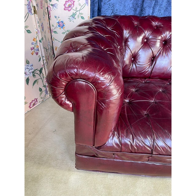 Animal Skin 1950s English Burgundy Red Leather Chesterfield Sofa For Sale - Image 7 of 17