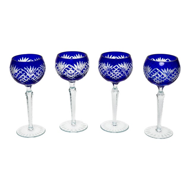 Ajka Crystal Marsala Cobalt Blue Cut to Clear Caroline Wine Glasses- Set of 4 For Sale