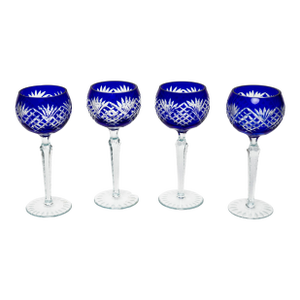 Ajka Crystal Marsala Cobalt Blue Cut to Clear Caroline Wine Glasses- Set of 4