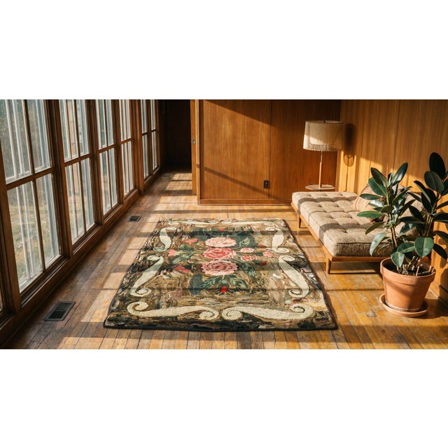 Late 19th Century 1880s Green Floral Folk Art Antique American Hooked Rug 3'10" X 6'3" Hand Knotted Wool Carpet For Sale - Image 5 of 7