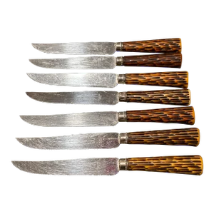 Mid Century Modern Set of E. Parker & Sons Steak Knives With Serrated Blade and Bakelite Faux Stag/Antler Handles - Set of 7