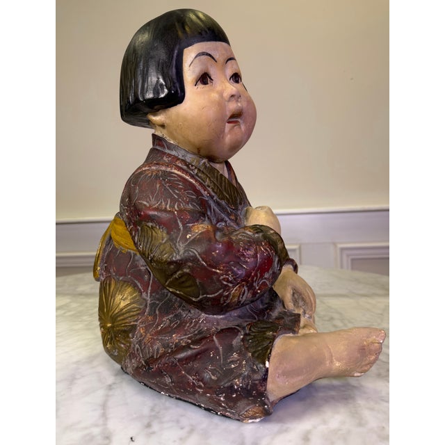 Burgundy Antique 1930s Art Deco Esther Hunt Style Polychrome Chalkware Seated Asian Child Figurine For Sale - Image 8 of 9