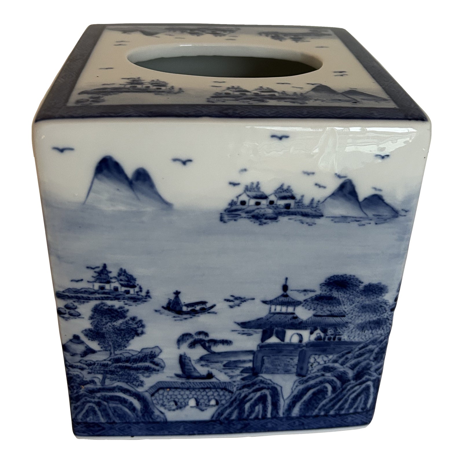 Vintage 1970s Ceramic Blue and White Chinoiserie Tissue Box Cover
