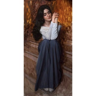 Portrait of Goar by Bunyod Suvonov | Oil on canvas of a woman sitting gracefully with hands clasped. For Sale