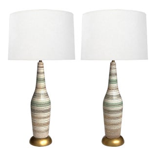 Tall Pair 1960s Bottle-Form Striped Ceramic Lamps With Crackle Glaze Finish For Sale