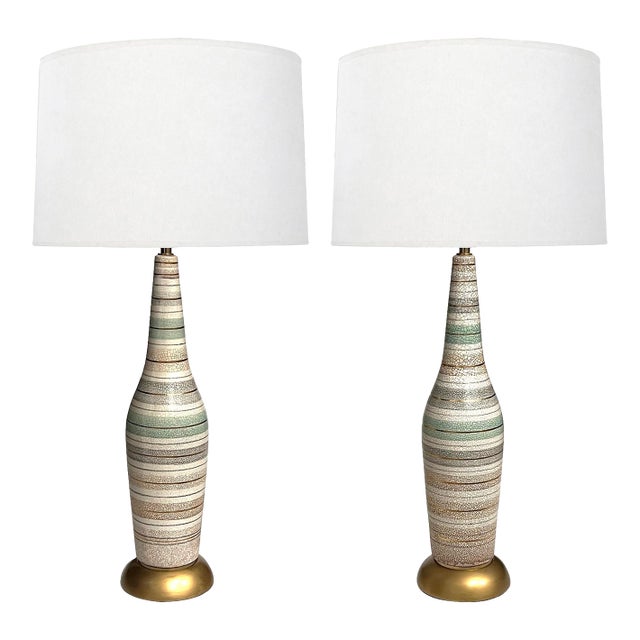 Tall Pair 1960s Bottle-Form Striped Ceramic Lamps With Crackle Glaze Finish For Sale