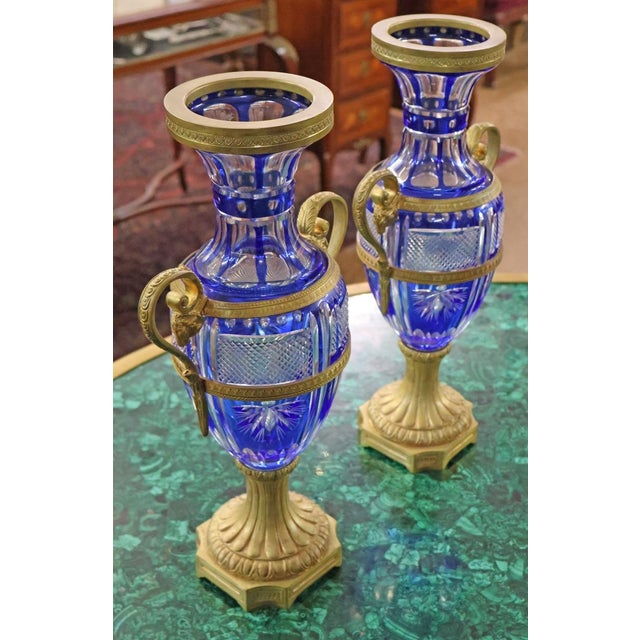 Pair of Late 19th Century Neoclassical Russian Bronze & Cut Cobalt Glass Vases For Sale - Image 4 of 17