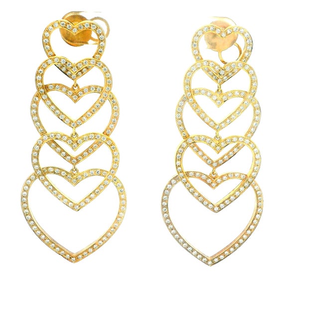 Gold 1990s Pair of 18k Gold Diamond Heart Cascade Chandelier Earrings, 3 Carats For Sale - Image 8 of 13
