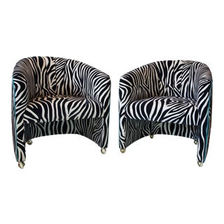 Cut Velvet Zebra Barrel Chairs on Casters For Sale