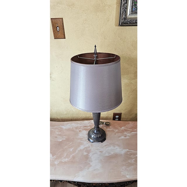Light Gray Vintage Neoclassical Metal Column Table Lamp With Double Pull Chains For Sale - Image 8 of 18
