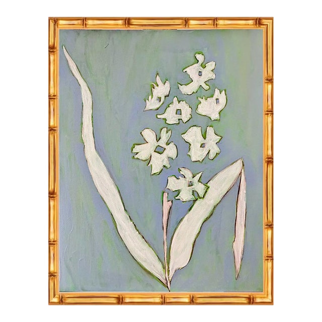 Original Framed Botanical Iris Painting White Flower Wall Art Oil Canvas in Gold Bamboo Frame Minimalist Boho Home Decor by Tattiana Duperault For Sale