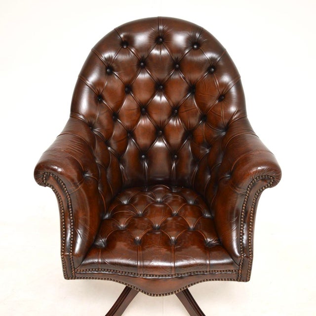 Brown Antique Victorian Leather Swivel Directors Desk Chair, 1950s For Sale - Image 8 of 14