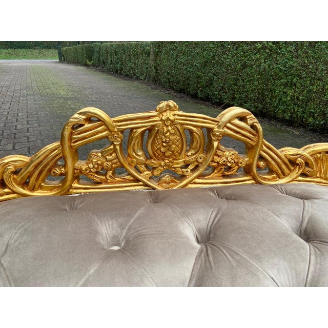 Late 20th Century French Louis XVI Gold Beech Settee Tan Velvet For Sale - Image 10 of 11