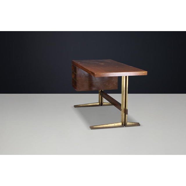 Gold Italian Walnut Desk with Brass Base, Italy, 1950s For Sale - Image 8 of 18