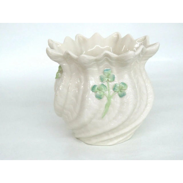 Ceramic Belleek Ireland Porcelain Pink Rose Green Leaves Flower Vase For Sale - Image 7 of 12
