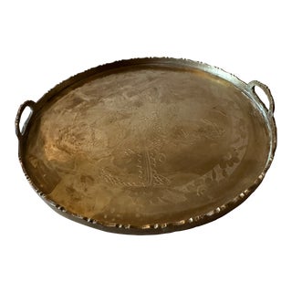 Vintage Solid Brass Tray With Handles For Sale