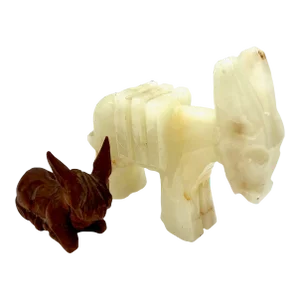 1950s Vintage Carved Jadeite Donkey & Wooden j.p. Mexico Donkey - a Pair