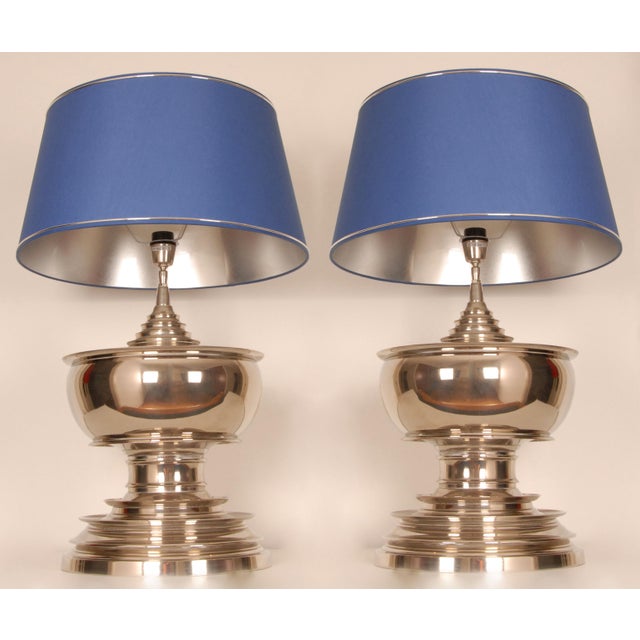 Vintage a pair tall modern polished chrome silver colored vase lamps table lamps Silver with Royal blue lampshades with...