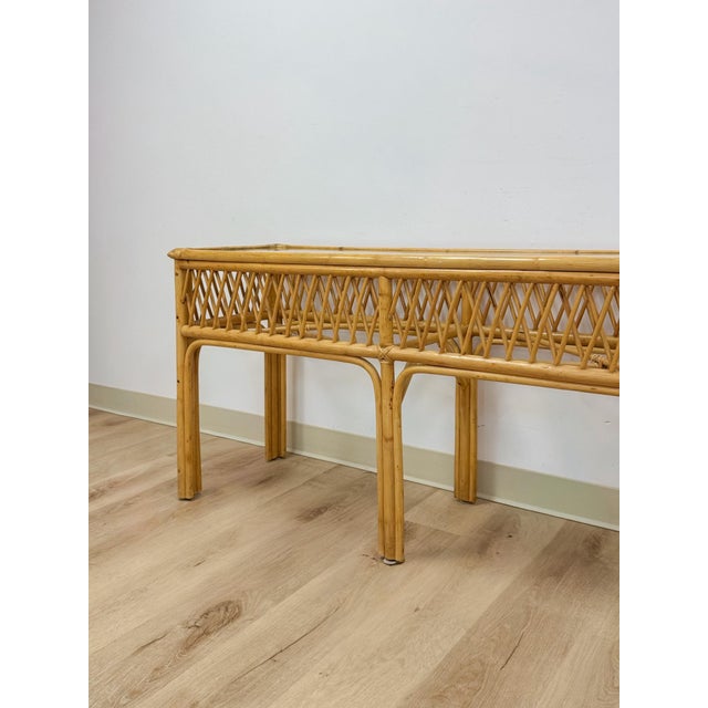 Vintage Coastal Wicker Rattan Console Table Woven Lattice Glass Top Beige Boho For Sale - Image 10 of 14