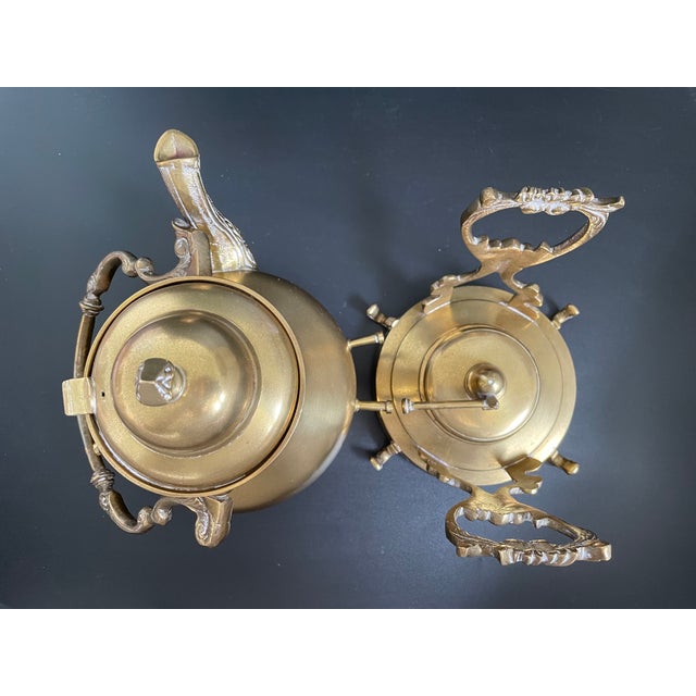 Antique Ornate Brass Tilting Teapot With Stand and Warmer For Sale In Las Vegas - Image 6 of 15