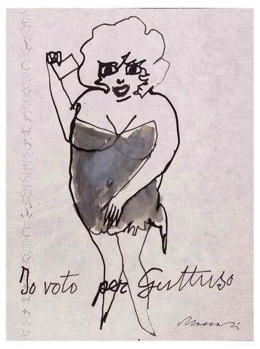 Mino Maccari, I Vote For Guttuso, Ink & Watercolor Drawing, 1975