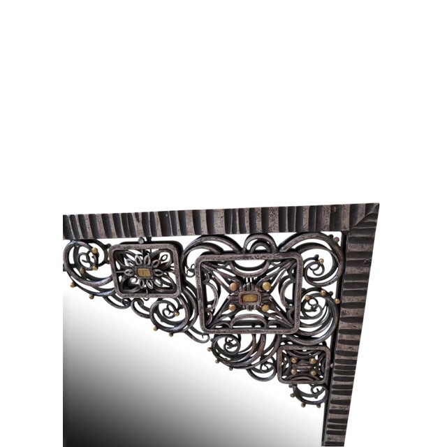 Art Deco Magnificent Hand Hammered Iron & Brass Inlaid French Art Deco Mirror For Sale - Image 3 of 17