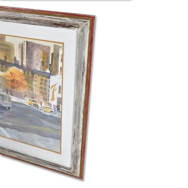 1990s James C. Borden Large Cityscape Street Scene Watercolor Painting Cerused Frame For Sale - Image 12 of 14