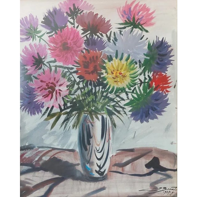 Aster flowers paper, watercolor. 71x56.5cm 1977. "aster flowers" is a visually captivating and expressive watercolor...