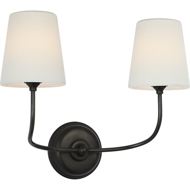 Modern Thomas O'Brien for Visual Comfort Signature Vendome 16" Cordless Double Sconce in Bronze with Linen Shades For Sale - Image 3 of 10