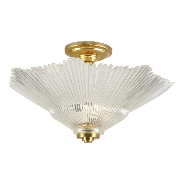 Vintage Art Deco Ribbed Glass Brass Semi Flush Mount Light For Sale