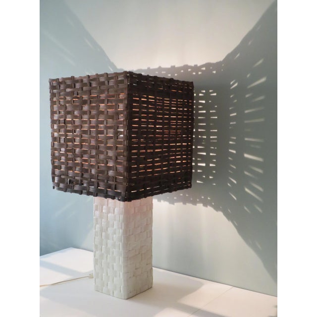 Large Floor Lamp with White Ceramic Base and Woven Shade, 1970s For Sale - Image 5 of 5