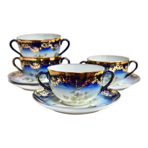 Antique Flow Blue Soup/Dessert Cup & Saucer Service for Four- 8 Pieces