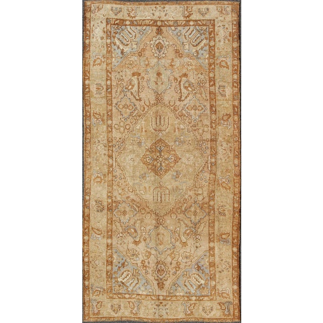 Vintage Turkish Gallery Runner in Goldish Tone, L. Blue, Brown and Warm Colors For Sale - Image 11 of 11