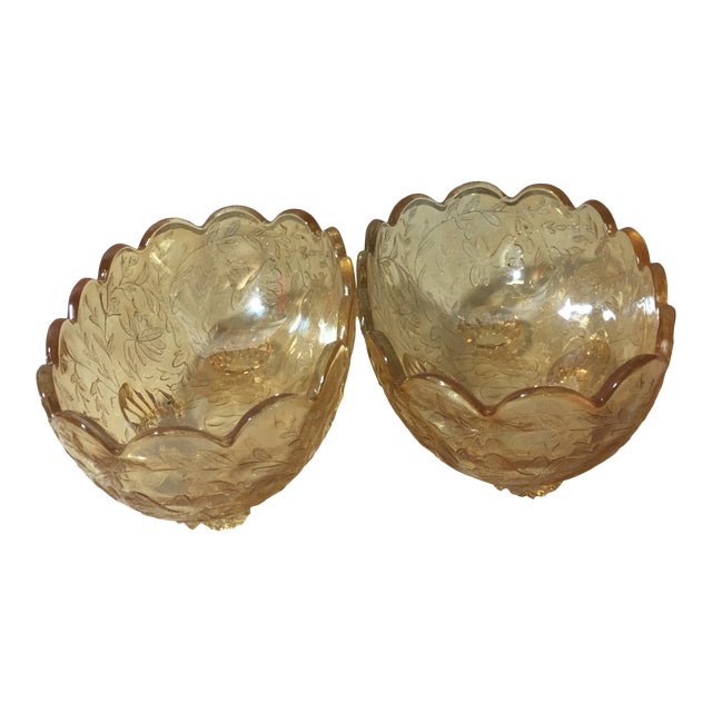 Vintage Jeanette Floral Iridescent Floragold Louisa Scallop Footed Oval Bowls - Set of 2 For Sale