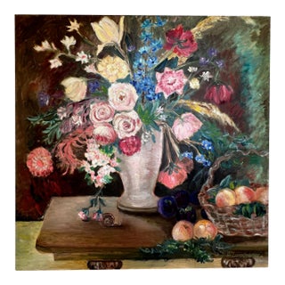 Fleurs, Fruits Et Escargot H Koepke (C) 30" Sq Oil on Canvas French Country From Pierre Deux For Sale