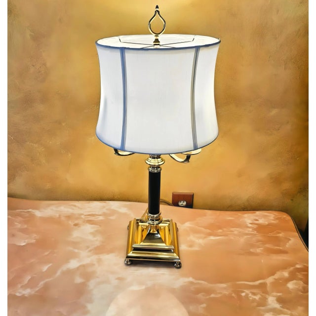 Vintage Brass Empire French-Style Tole Bouillotte-Style Lamp With Dual Black Chain Bulb Switches With Shade For Sale - Image 4 of 12
