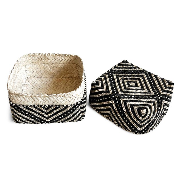 Modern Vintage Black & Tan Bamboo Beaded Box Medium For Sale - Image 3 of 7