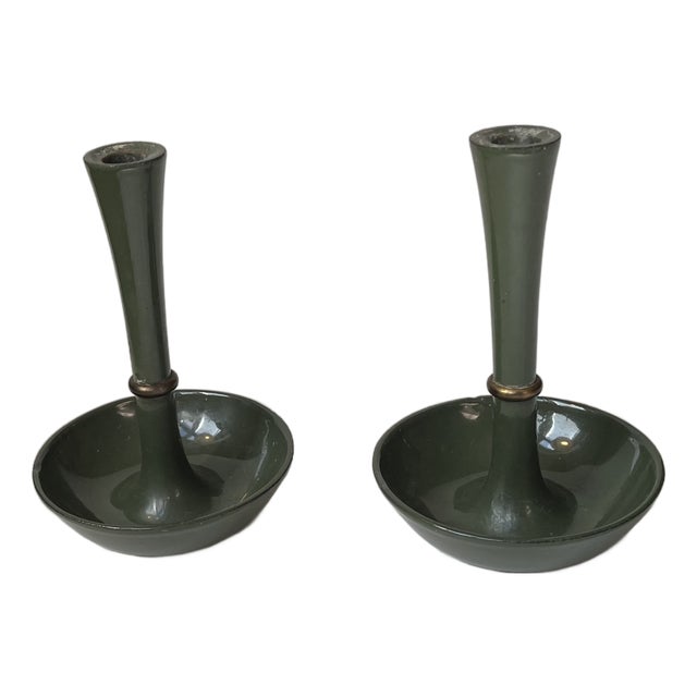 Candleholders in Green Enamel, Brass & Cast Iron from Jens Harald Quistgaard, 1960s, Set of 2 For Sale