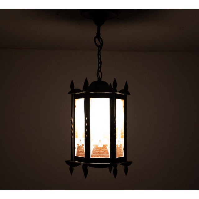 Amsterdam School Art Deco Hexagonal Hallway Lamp with Painted Glass, 1920 For Sale - Image 10 of 14