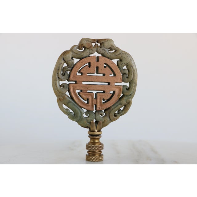 Chinese Longevity Symbol Lamp Finials on Bronze Hardware - A Matching Pair For Sale In Madison - Image 6 of 7