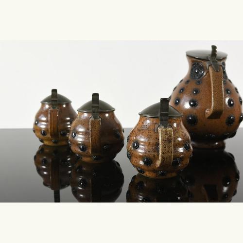 1900 - 1909 Beer Jug with 6 Capped Steins by Paul Wynand, Merkelbach, 1908 For Sale - Image 5 of 12