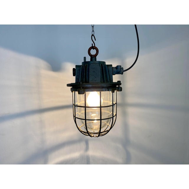 Gray Industrial Cast Iron Cage Pendant Light, 1960s For Sale - Image 11 of 14